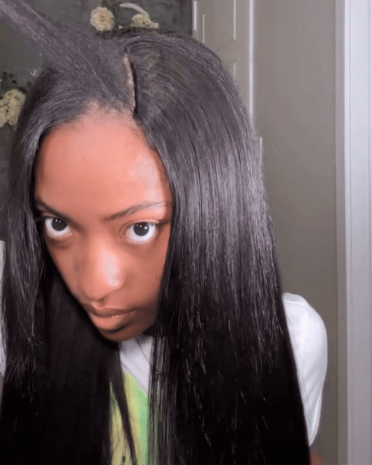 Nia | Peruca de cabelo liso e sedoso com "costura removível" com divisão em V, divisão em U, meia peruca dobrável