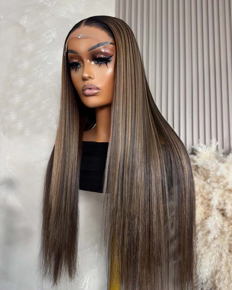 June | Straight Ash Brown Highlight 100% Human Hair HD Lace Glueless Wig
