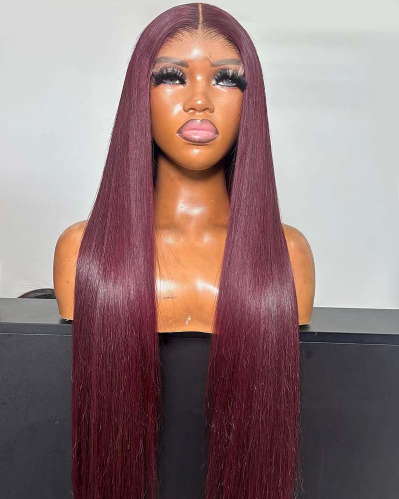 Sarani| Top Virgin Hair Burgundy Straight 13x4 Transparent Lace Frontal  Glueless Wig