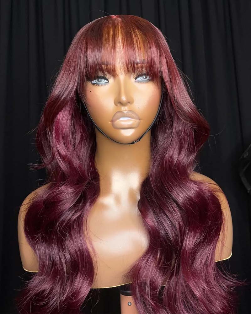 Perruque Miranda | Cheveux humains sans colle, bordeaux, avec dentelle frontale HD et fermeture