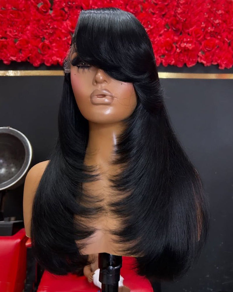 Yatavia | Perruque en cheveux humains raides dégradés, raie sur le côté, 13x4, frange frontale