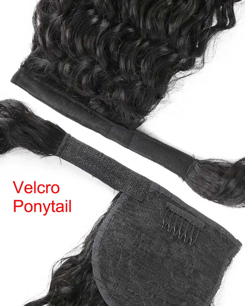 Queue de cheval épaisse en cheveux humains crépus et raides avec cordon de serrage et velcro