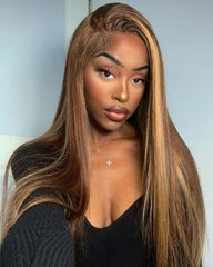 Alisha | Peruca frontal de renda transparente 13x4 com madeixas loiras mel em cabelo humano