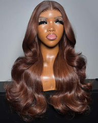 Sarika | Peruca de cabelo virgem castanho com ondas corporais 13x4, renda frontal transparente, sem cola